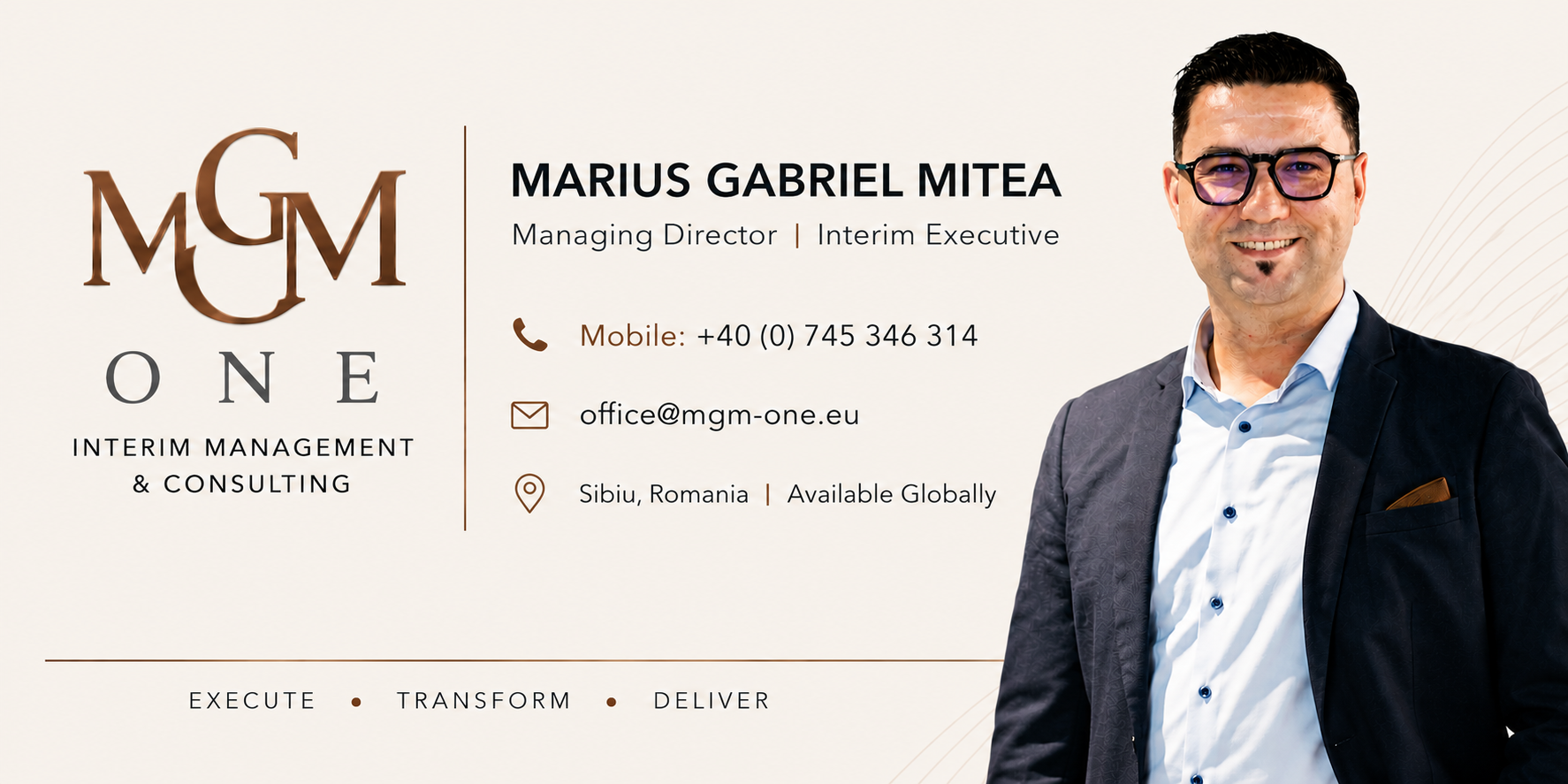 Marius Gabriel Mitea, Managing Director and Interim Executive. Contact MGM One.